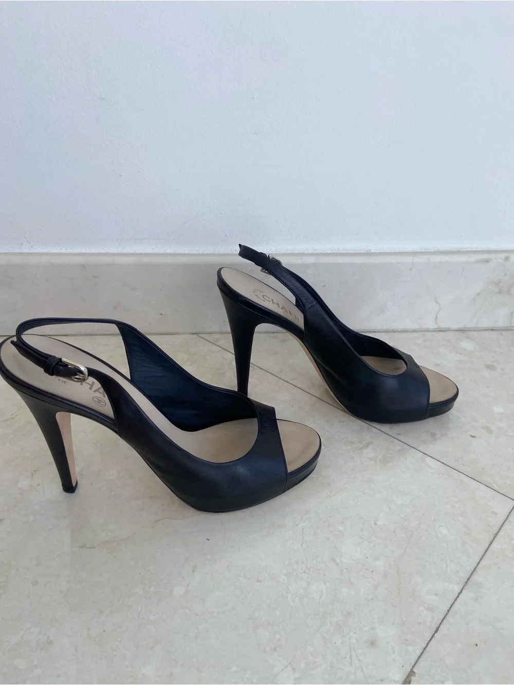 CHANEL Black Leather Open-Toe Slingback Heels 39.5 in Box with Dust bag